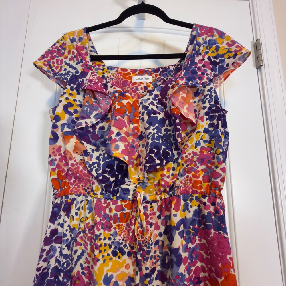 Calvin Klein Womens 8 Multi Color Abstract Leopard Print Ruffle Sheath Dress - Picture 4 of 9